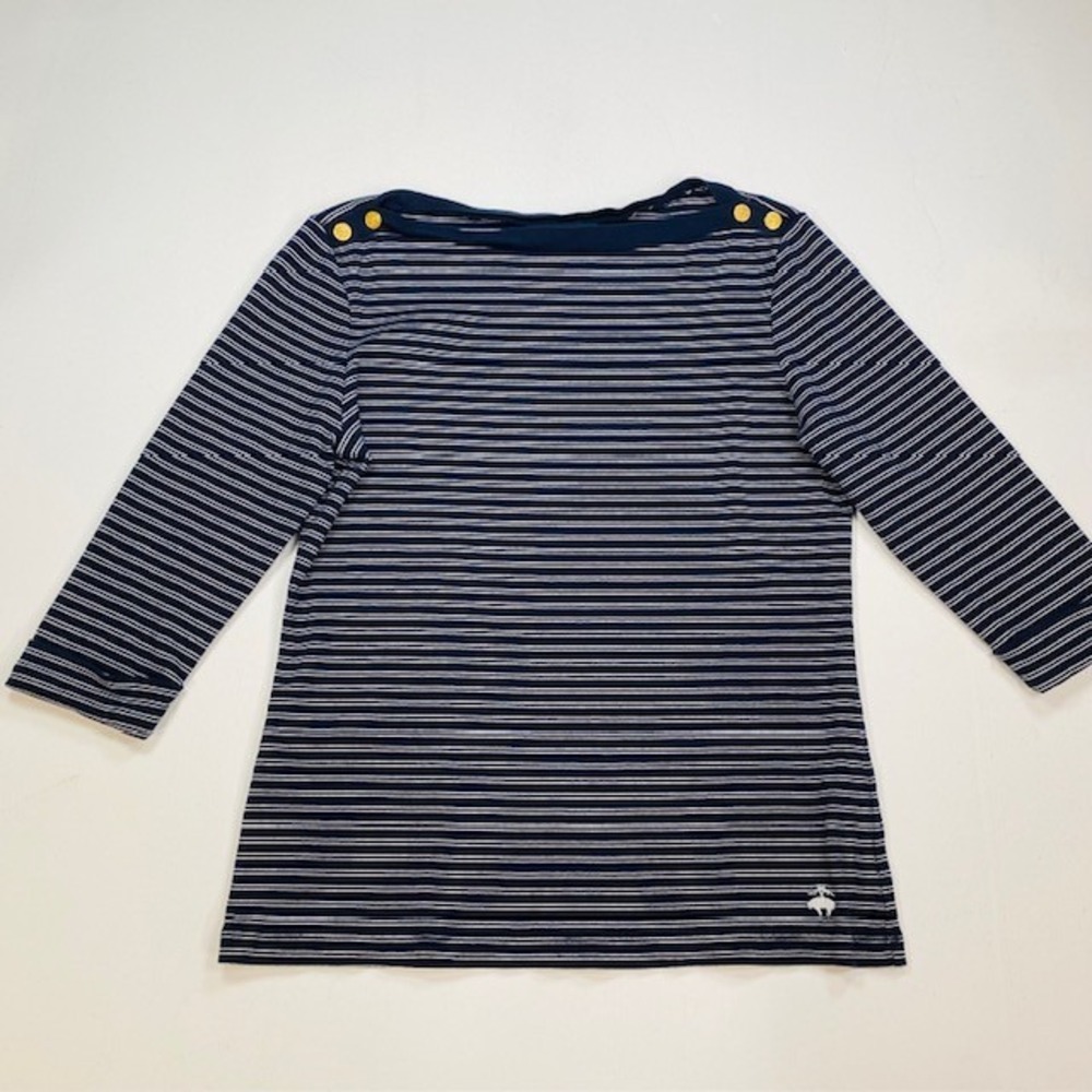 Brooks Brothers 346‎ Womens Navy Blue White Striped Boatneck Gold Button Top L